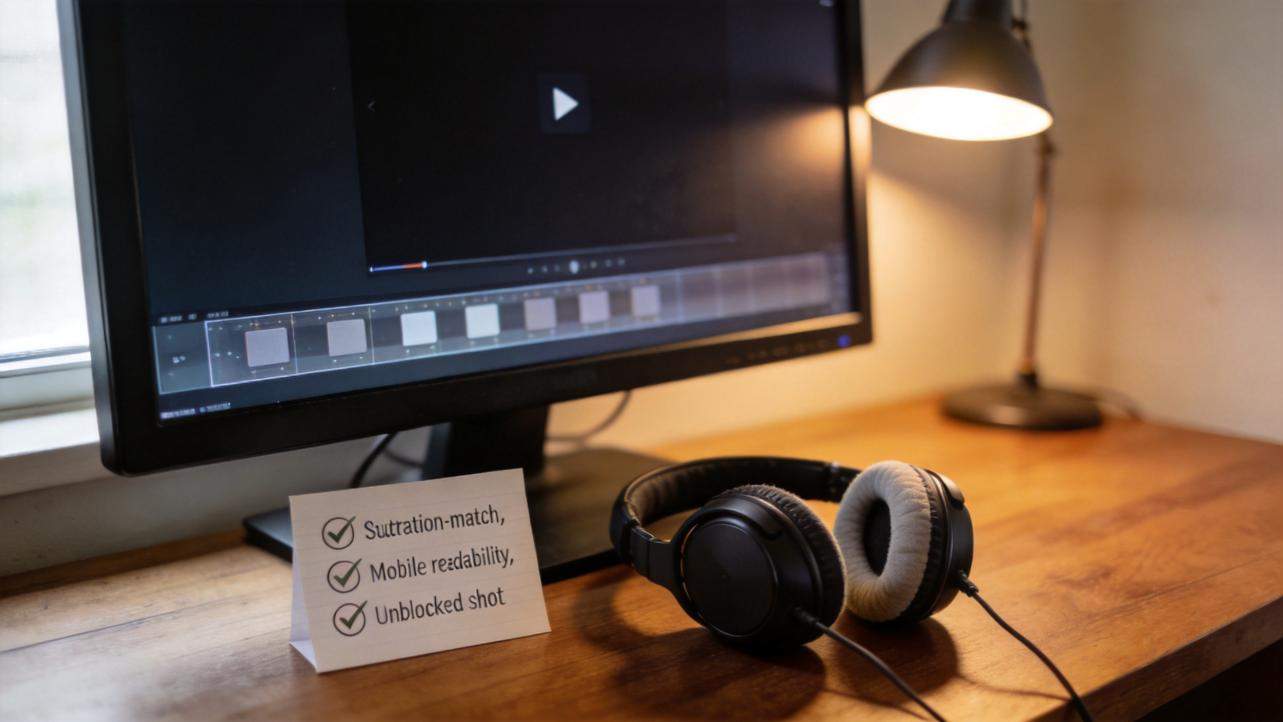Desk with video editor on monitor, headphones, and a note listing subtitle-match, mobile readability, and unobstructed shot.