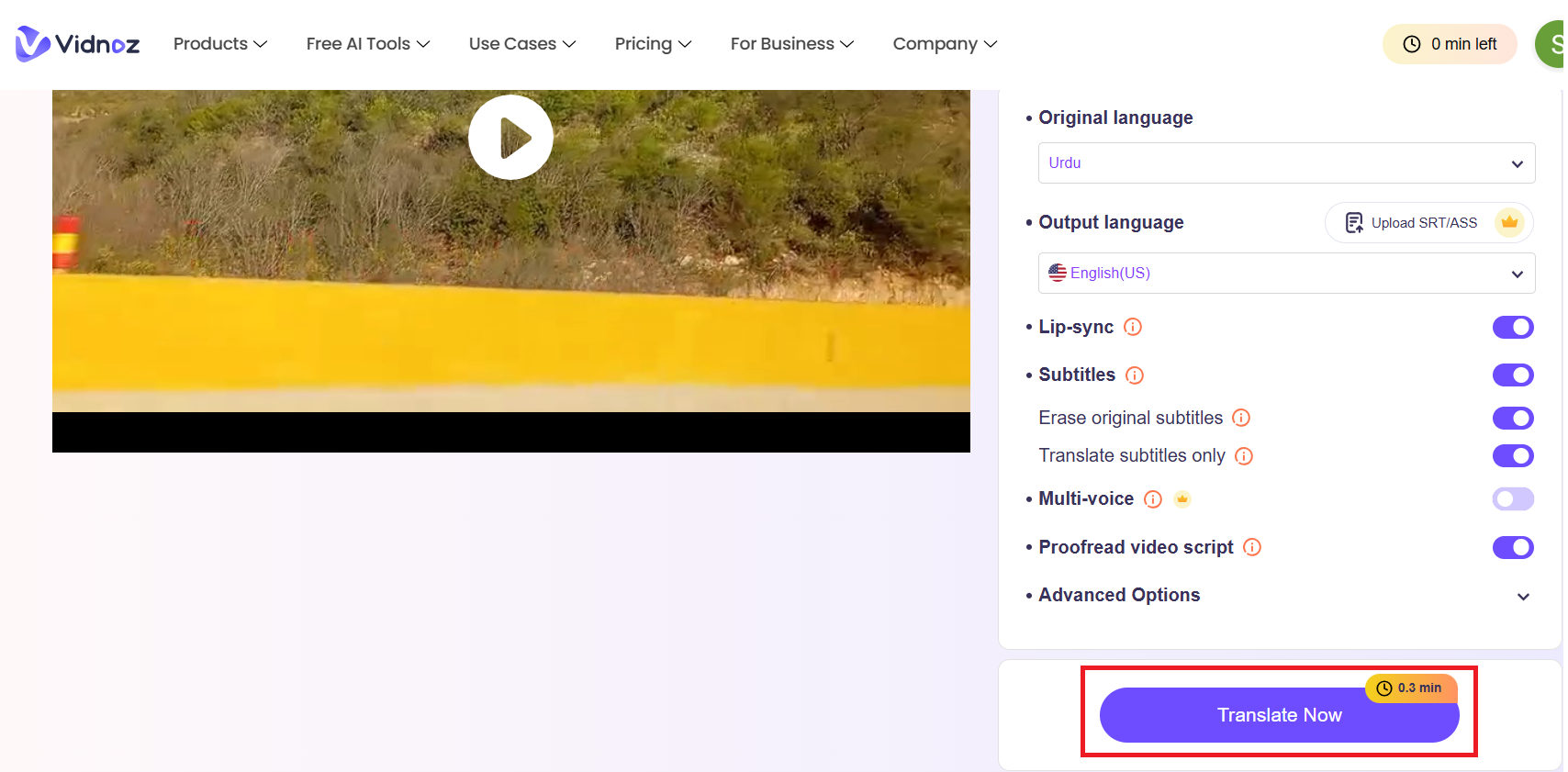 Vidnoz AI translating video from Urdu to English with subtitles and voice options