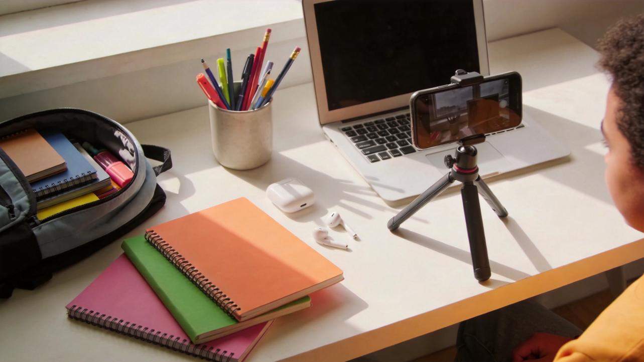 Back-to-school desk with notebooks, pens, laptop, and a phone on a tripod