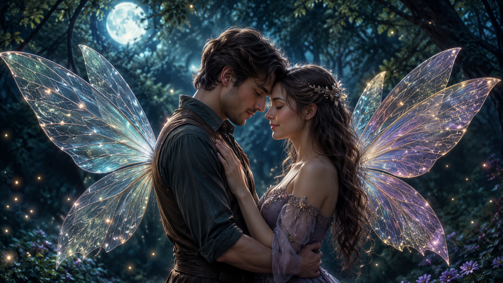 Dreamina add fairy wings to photo prompt example 4: Moonlit Fantasy Scene