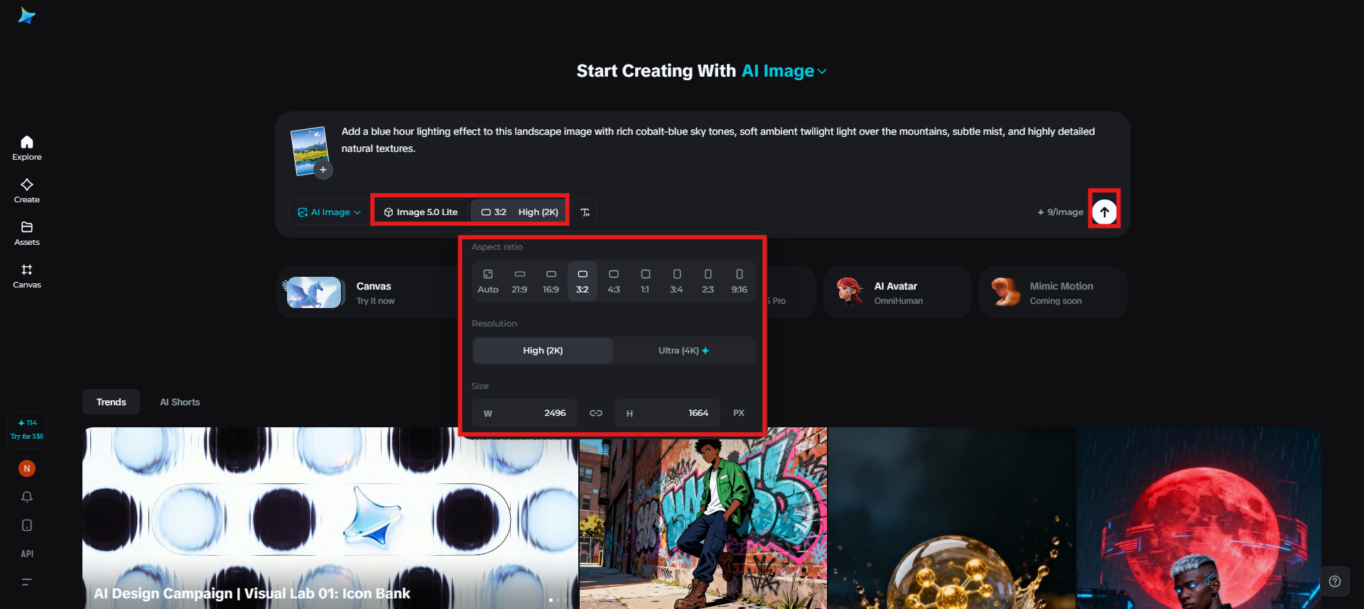 Select the image model and generate an image