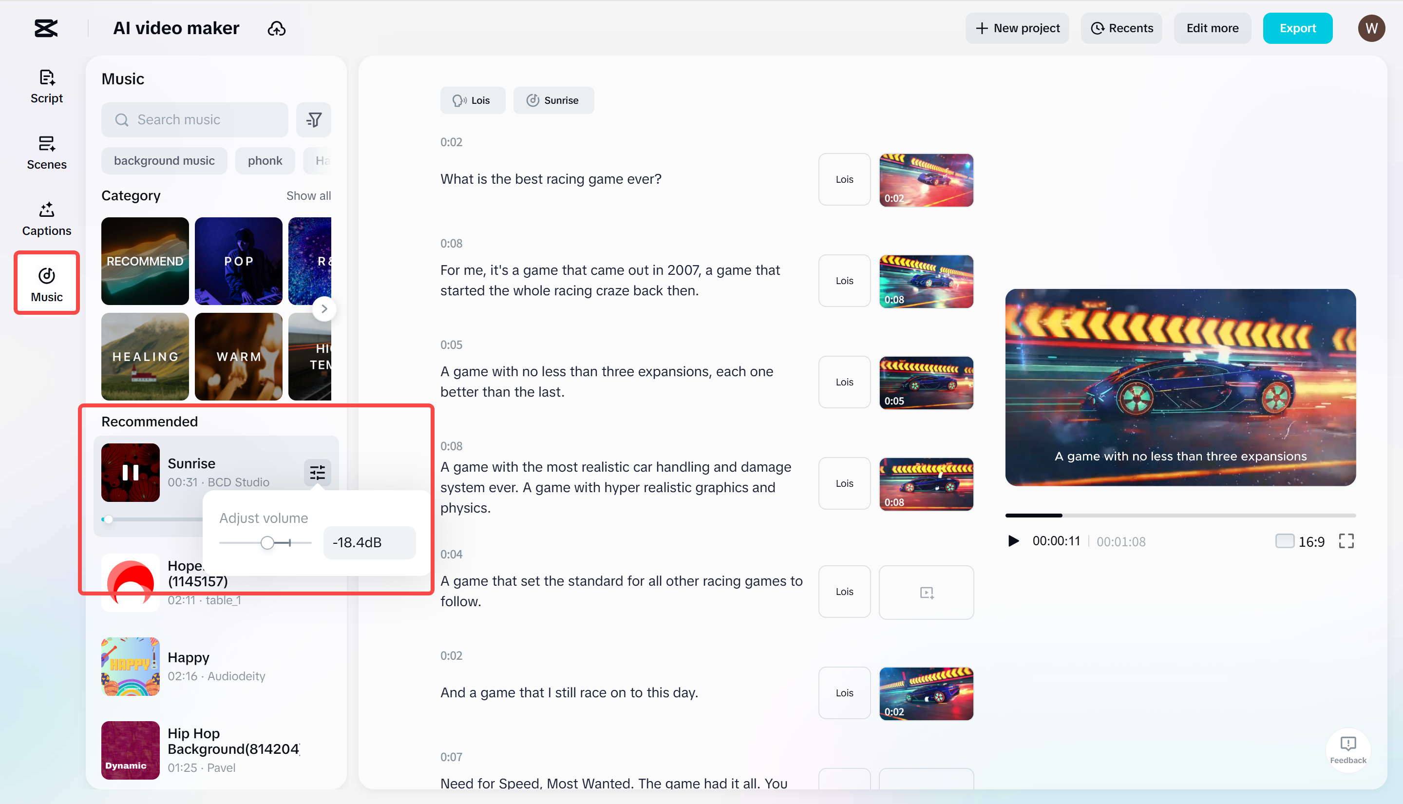 CapCut의 AI 비디오 제작 도구에서 비디오에 음악 적용하기