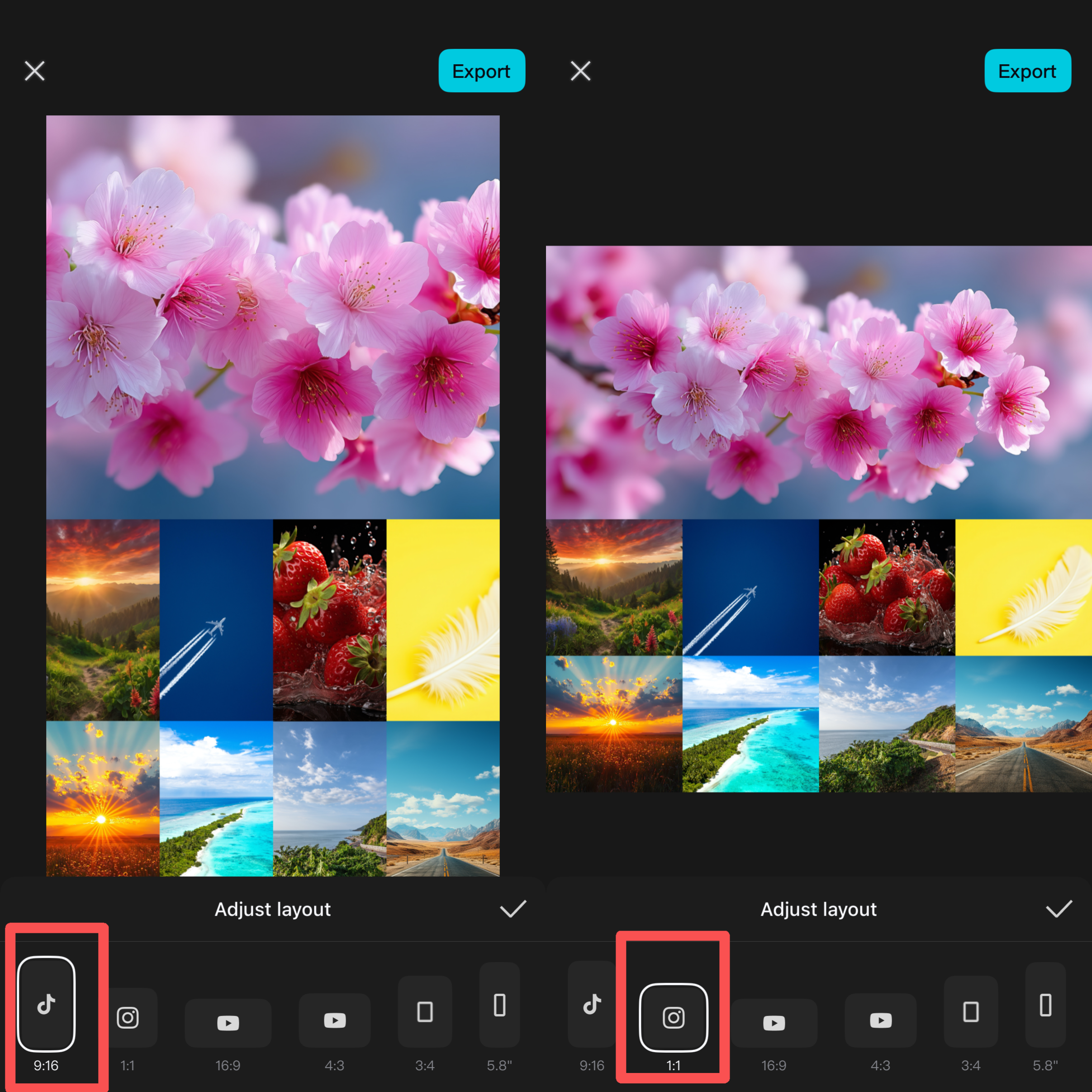 Adjusting collage aspect ratios to 9:16 and 1:1 in CapCut for social media