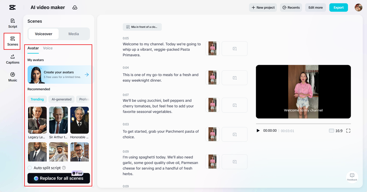 Select avatar and voiceover