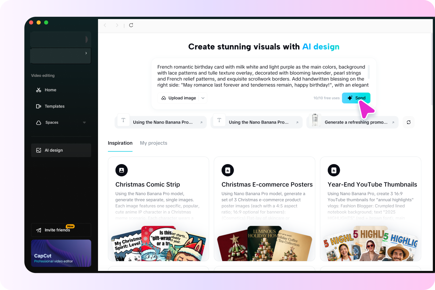 Entering a text prompt in the CapCut AI card generator