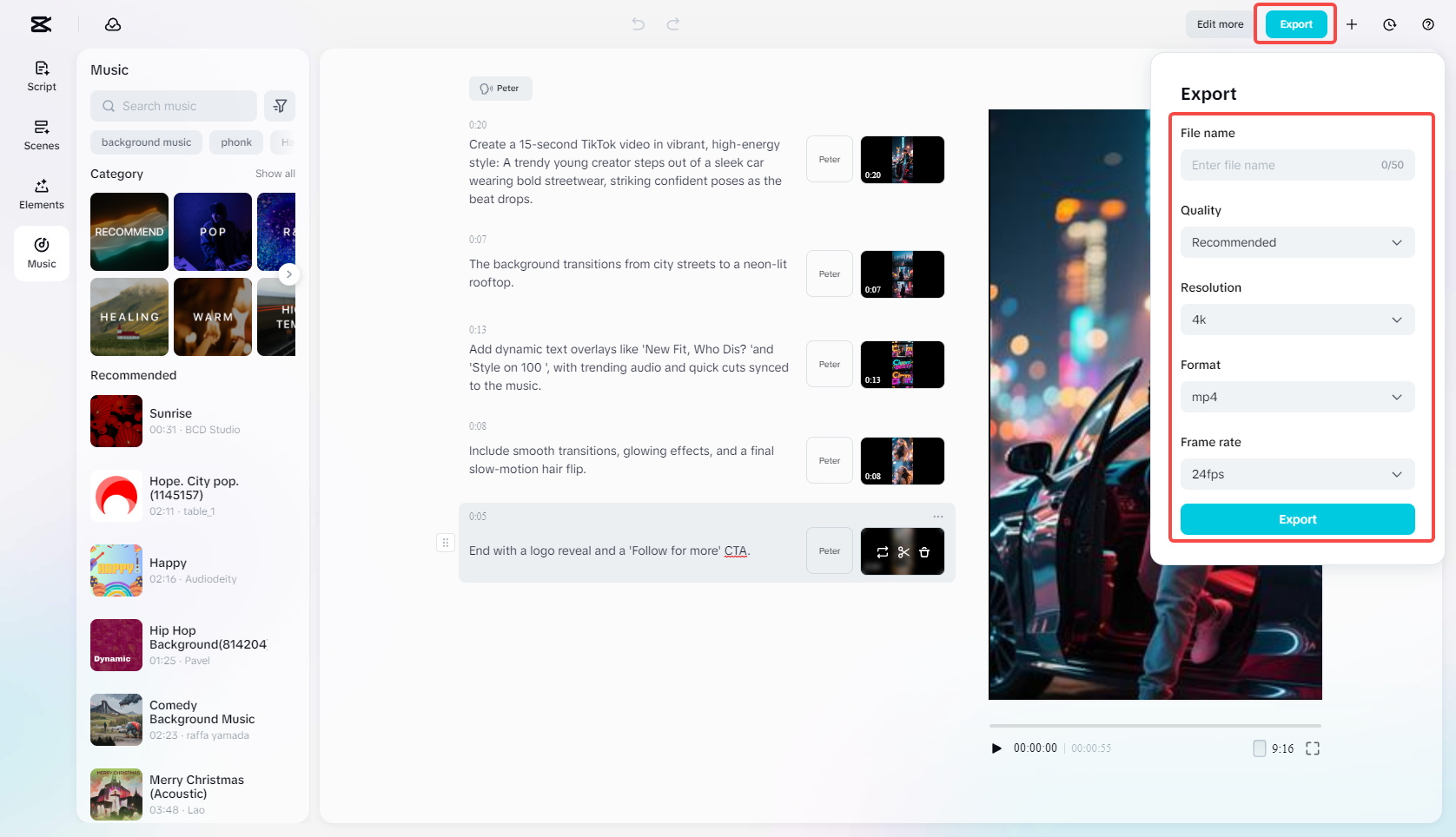 Export the generated TikTok video