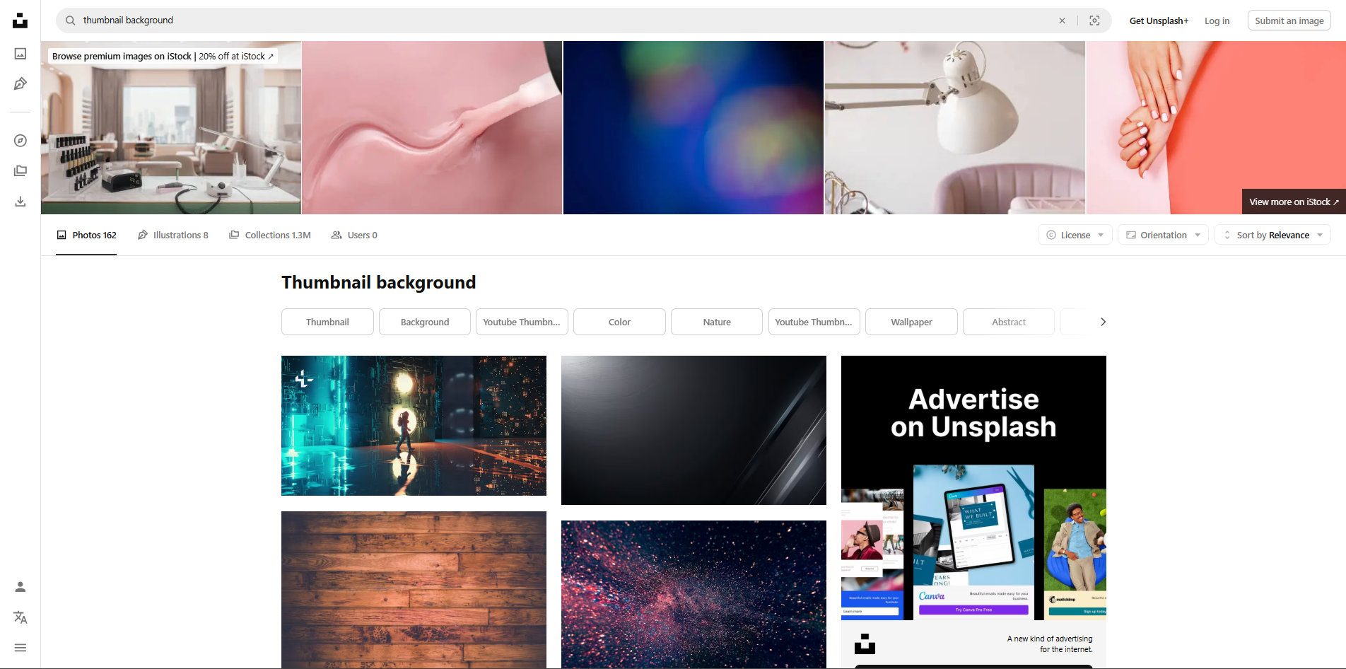 Interface of Unsplash - a site to find diverse thumbnail backgrounds