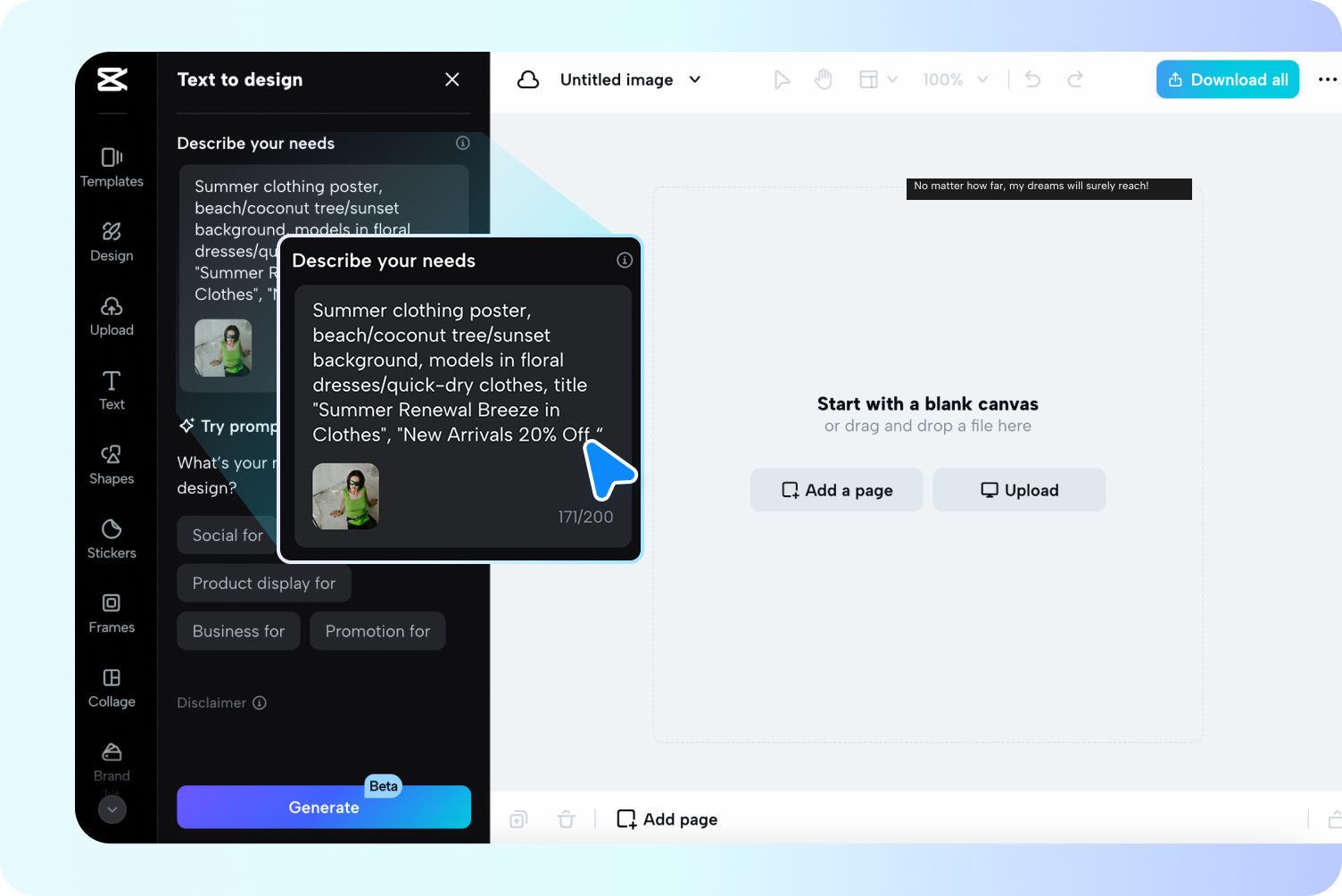 Adding text or prompts in CapCut Web's text to design tool