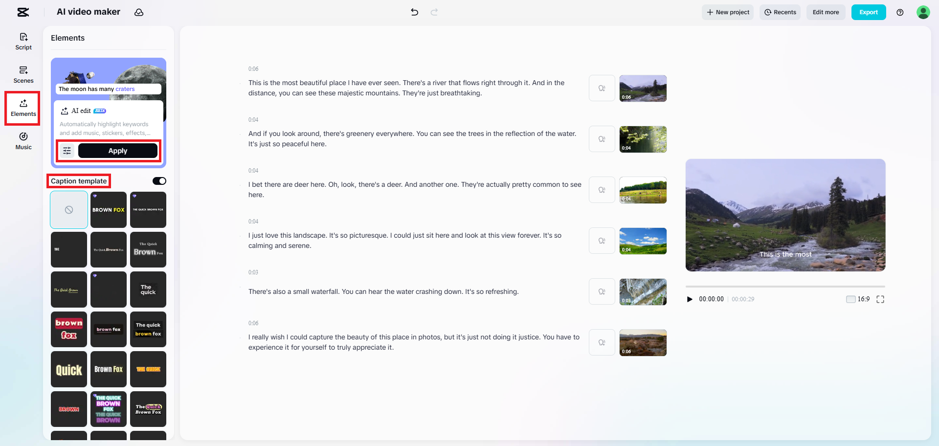 Select the elements you want in your video
