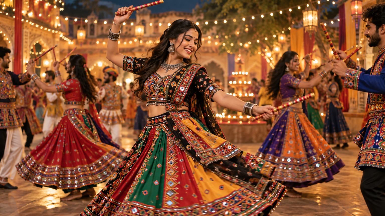 respectful Navratri status imagery centered on garba movement, traditional outfits, dandiya, marigolds, and warm festival light