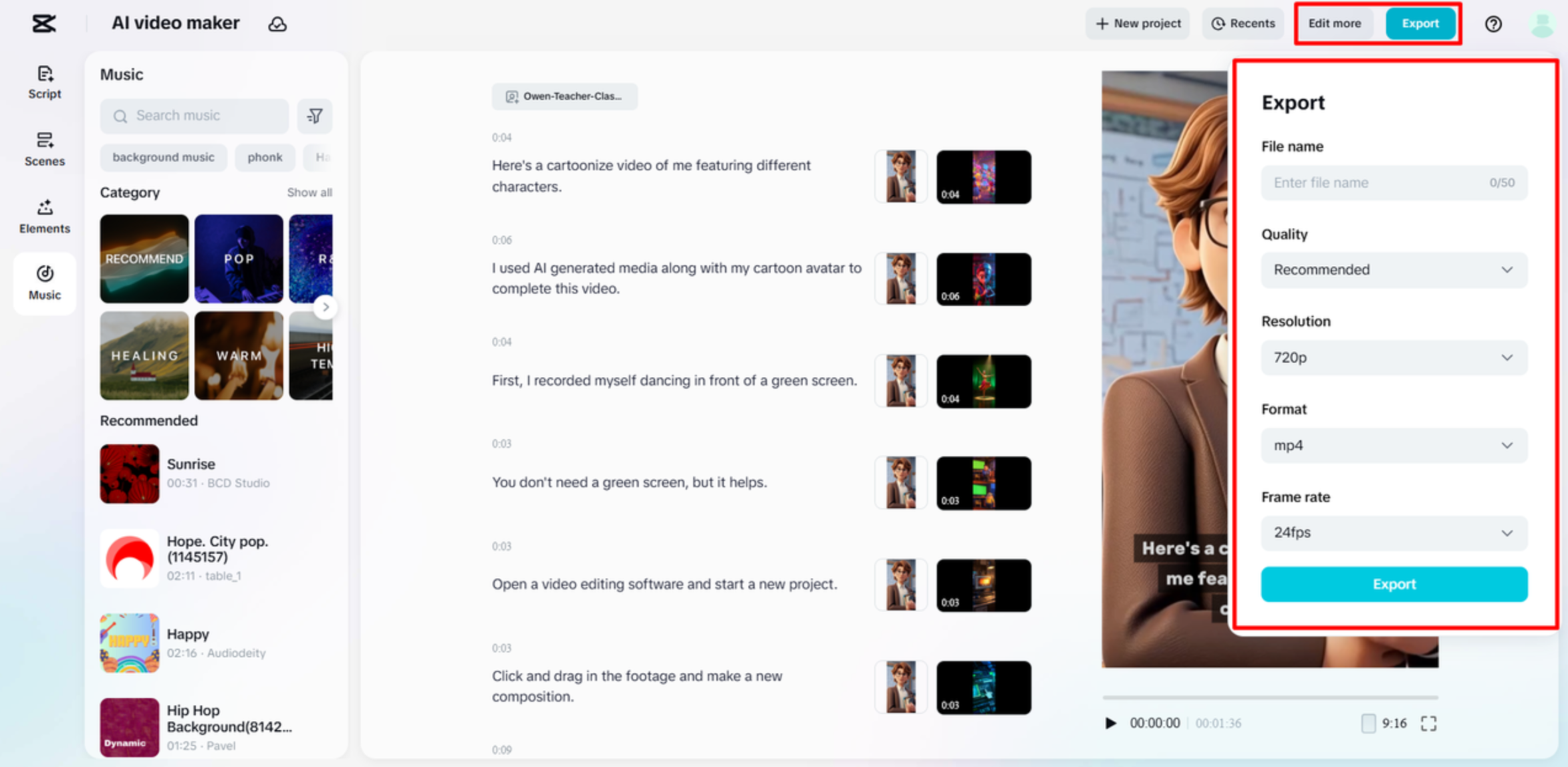 Exporting the final video from CapCut's AI video maker