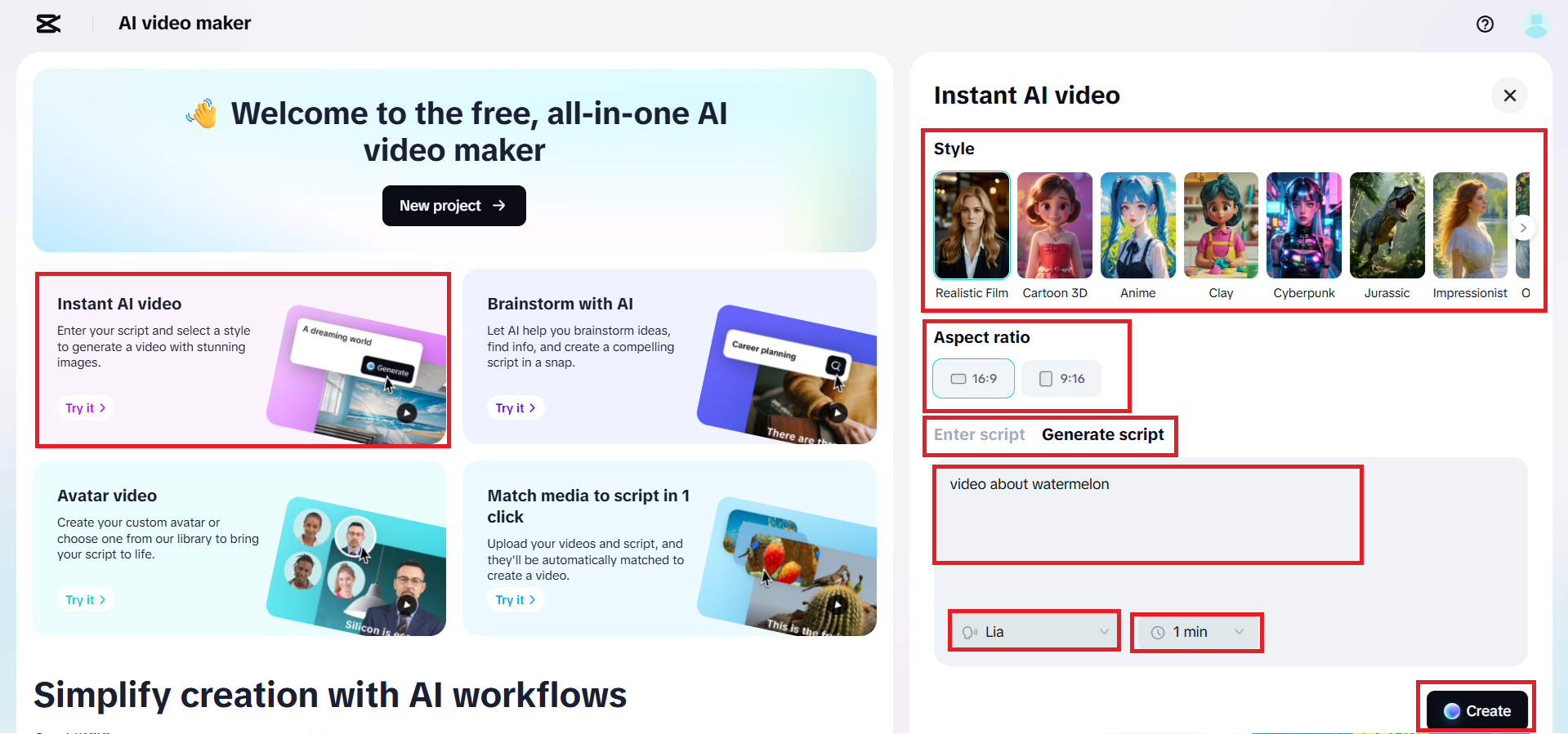 Upload your text or create with AI