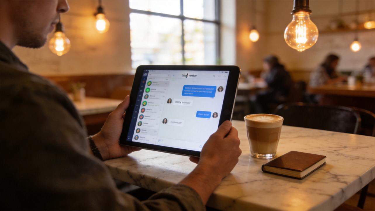 Person using a tablet with a messaging app at a café table beside coffee and a notebook