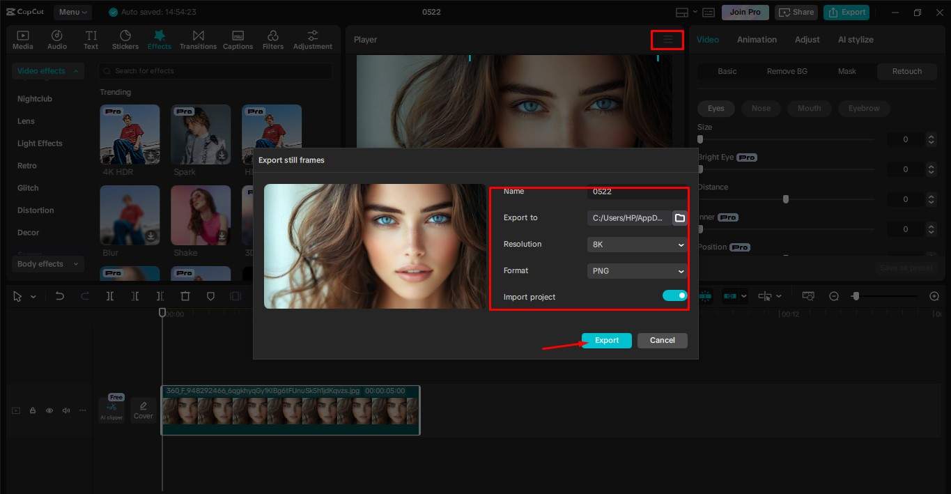 Export the image from the CapCut desktop video editor