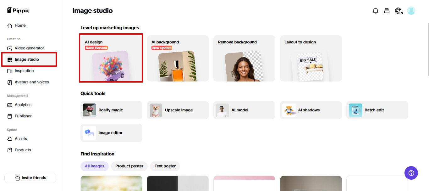 Opening AI design tool in Pippit