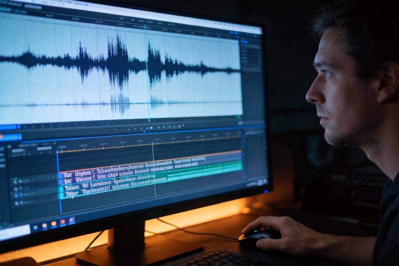 Man editing audio waveform and subtitle timeline on a computer monitor