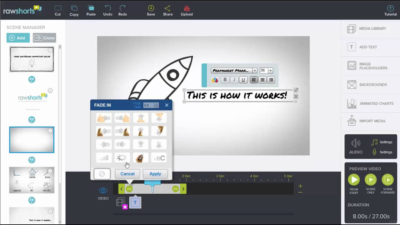 Schnittstelle von RawShorts - dem perfekten kostenlosen Online-Whiteboard-Animationsersteller