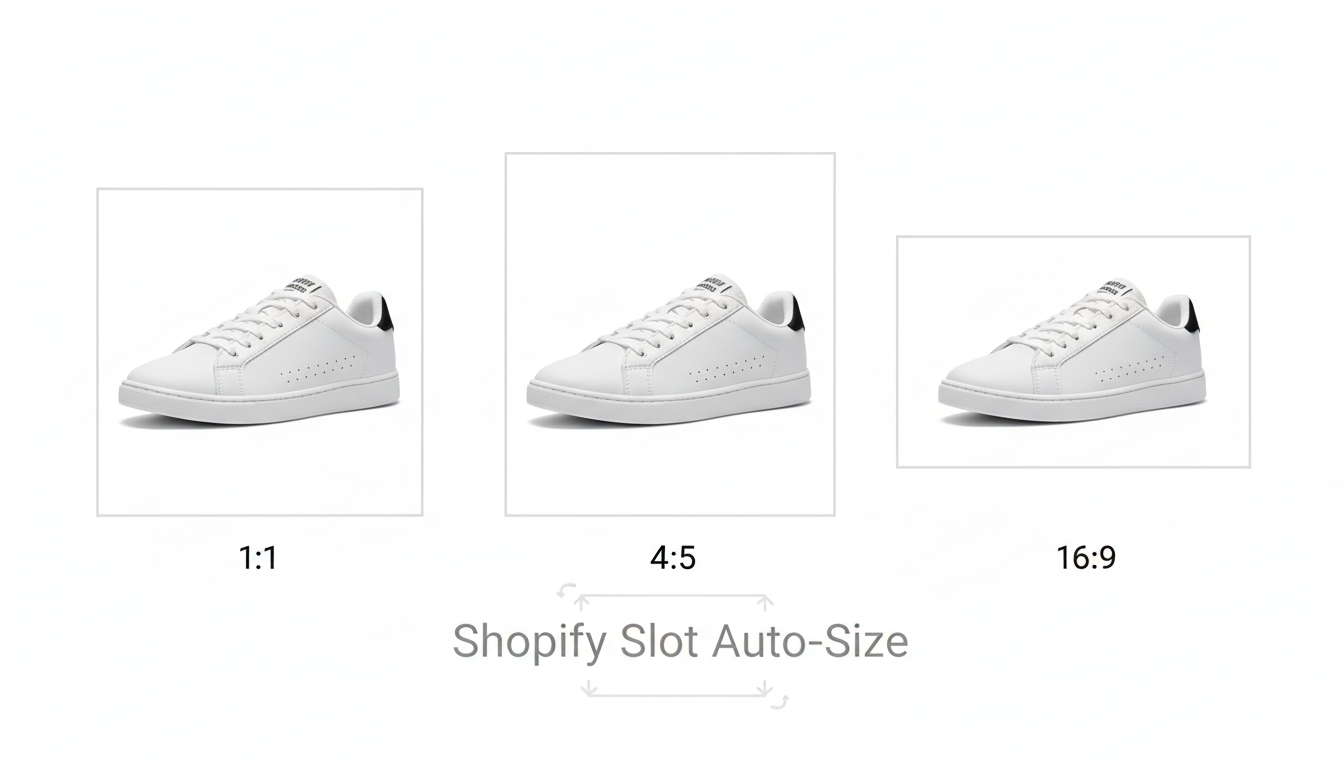 Auto sizing showcase: same sneaker presented in frames for 1:1, 4:5, and 16:9, consistent composition, minimal annotations, ready for Shopify slots.