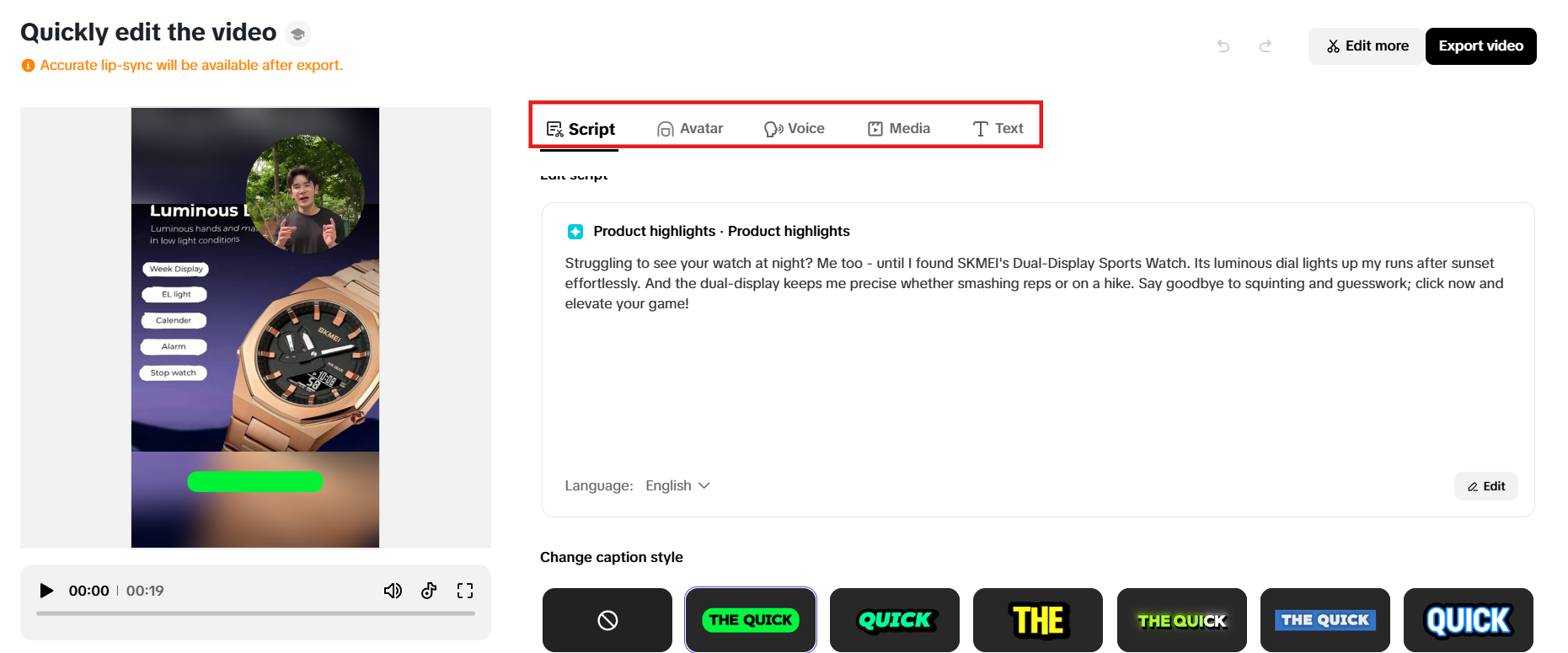 Modify script, avatar, voice, text and media