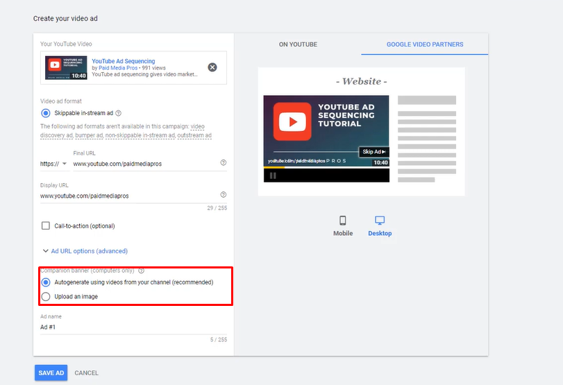 Personalizarea banner-ului publicitar YouTube pe anunțurile Google