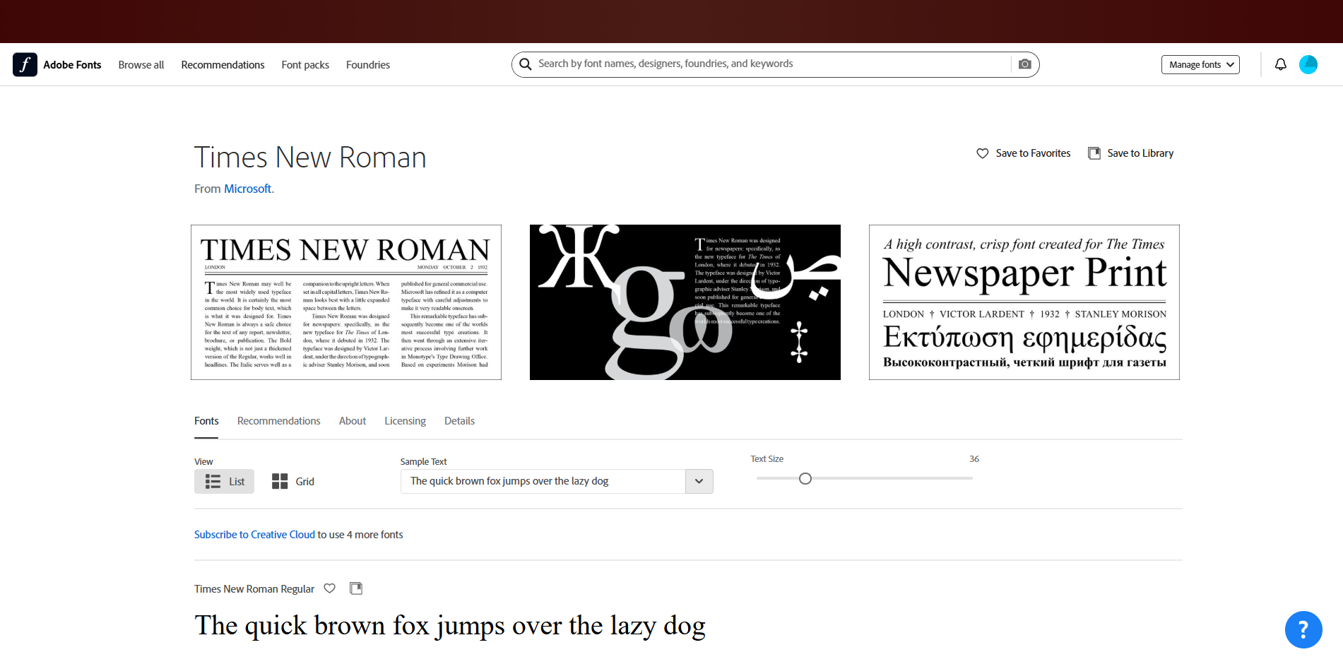 Interface of Adobe Fonts - an online site to get free Times New Roman font