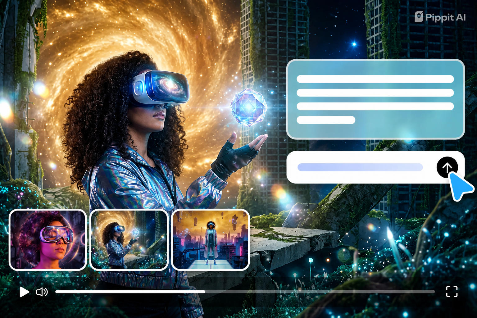 Woman in VR headset reaching toward glowing orb with video controls and text boxes over a sci-fi scene