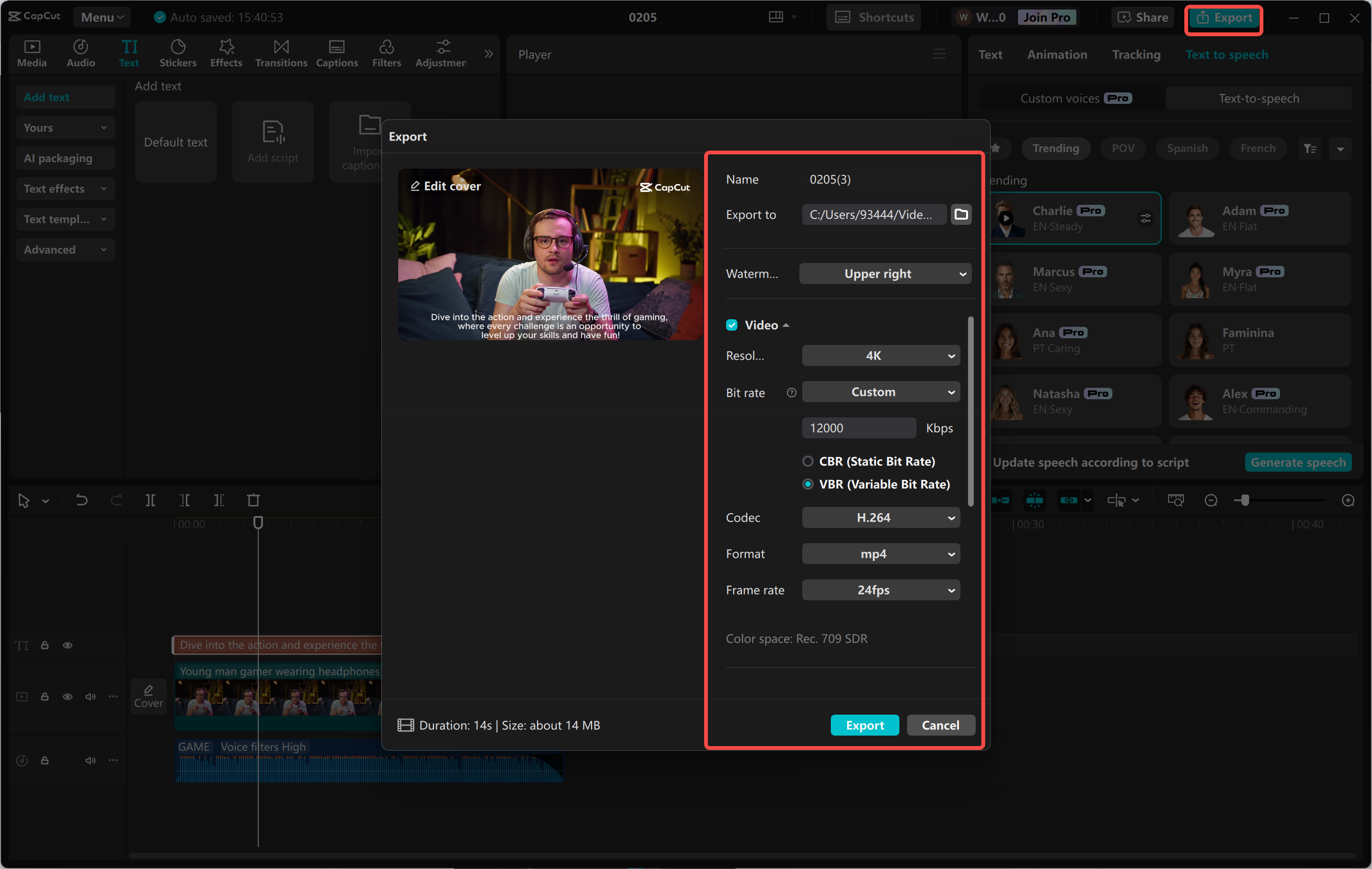 Exportul video din editorul video CapCut desktop