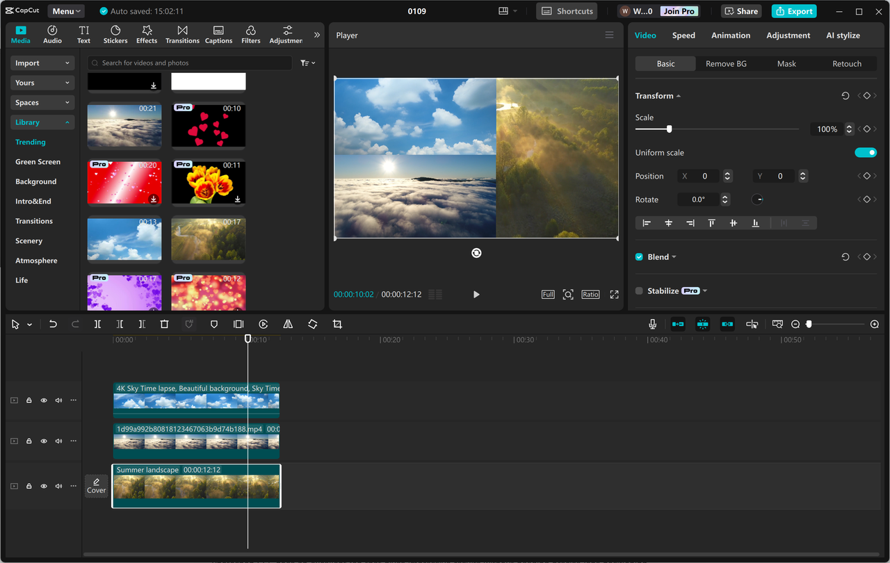 Editing interface of the CapCut desktop video editor - a perfect tool to stitch pictures together