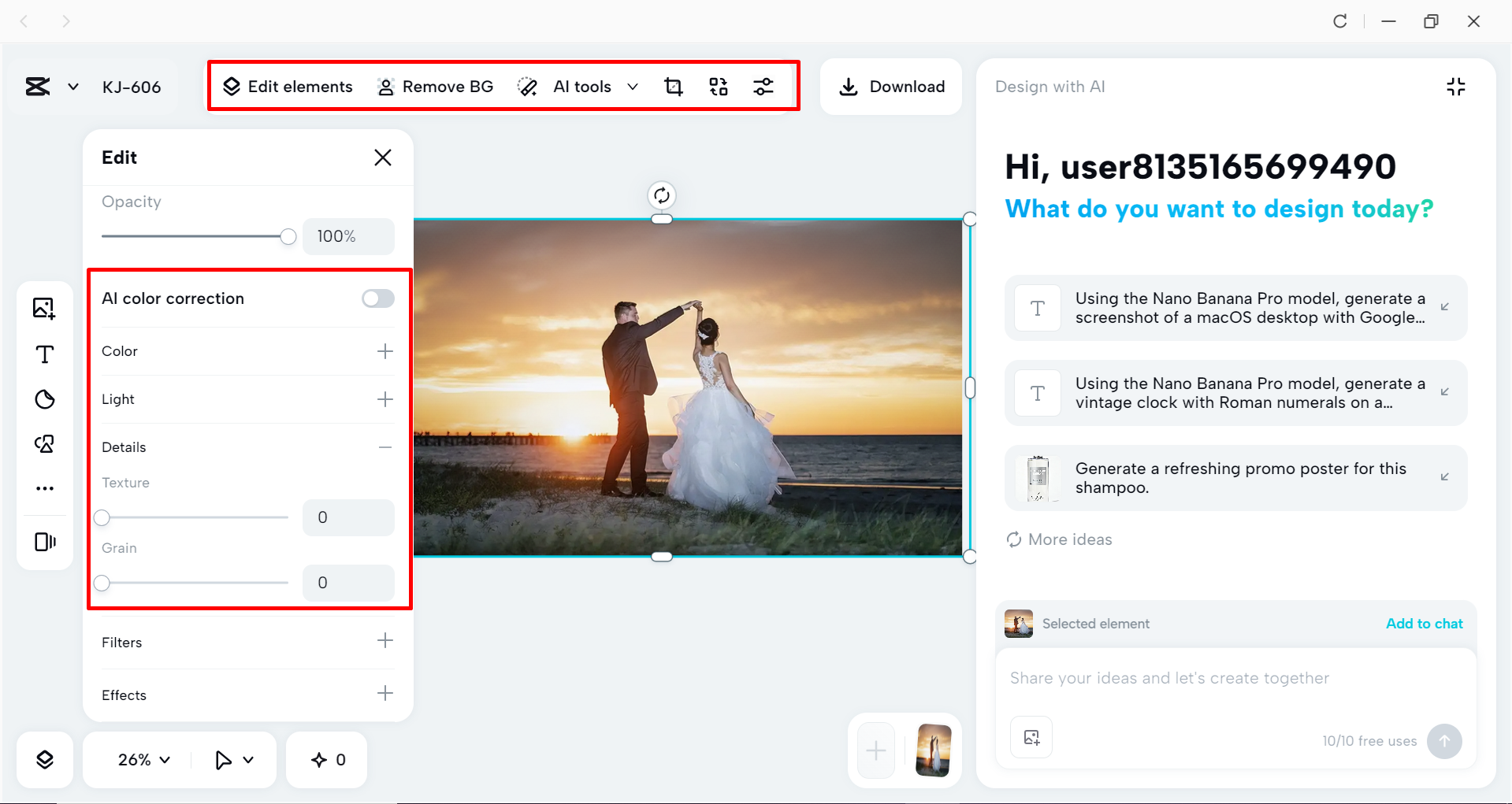 Color grading and editing the image in the CapCut desktop video editor
