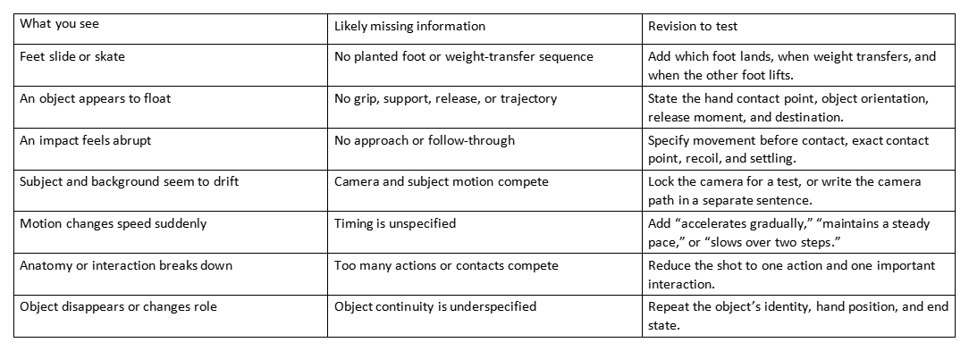 Table with three columns: What you see, Likely missing information, and Revision to test.