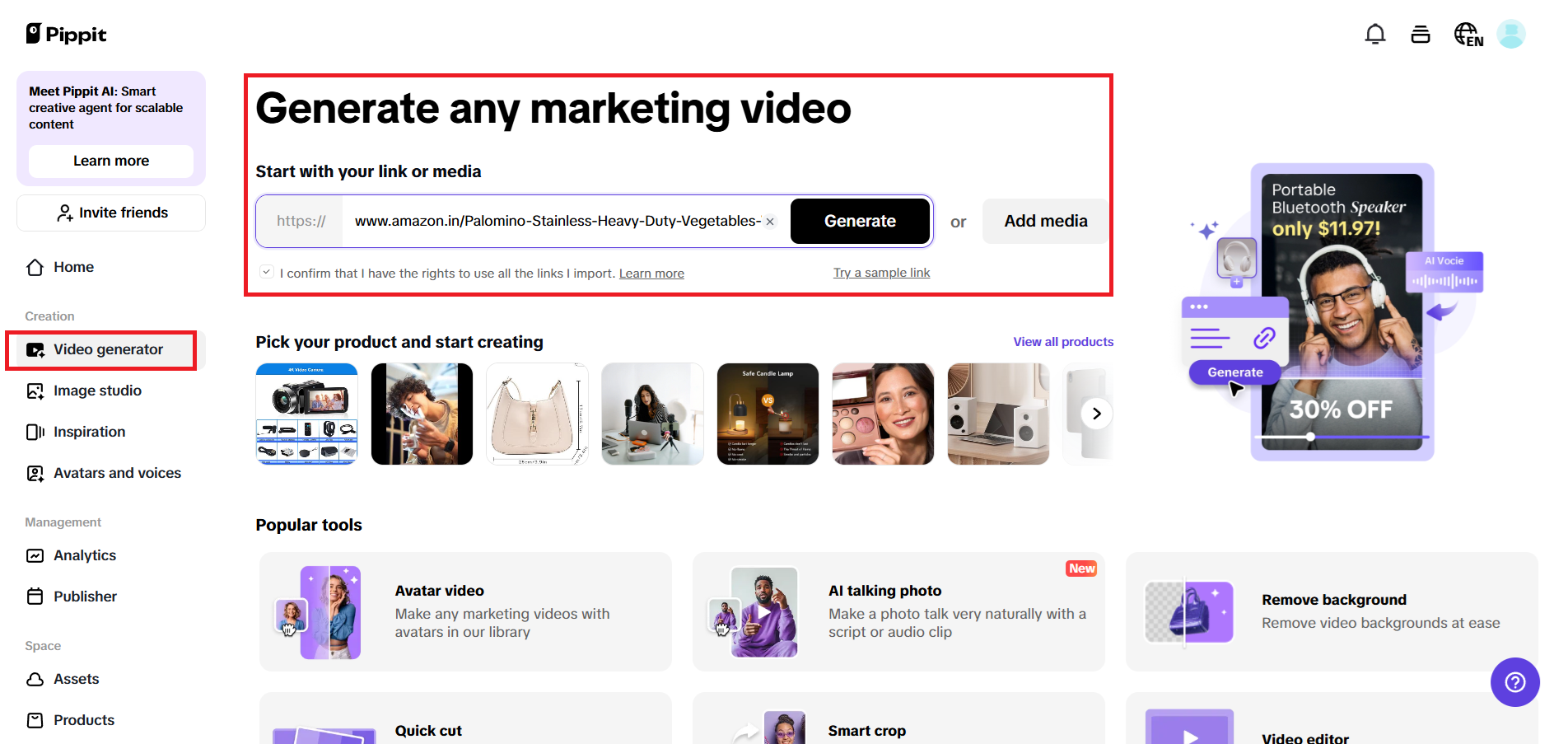 Entering either the product link or media and then hit on Generate