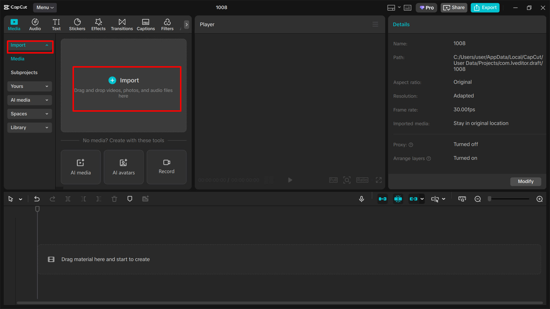Uploading video to the CapCut desktop video editor