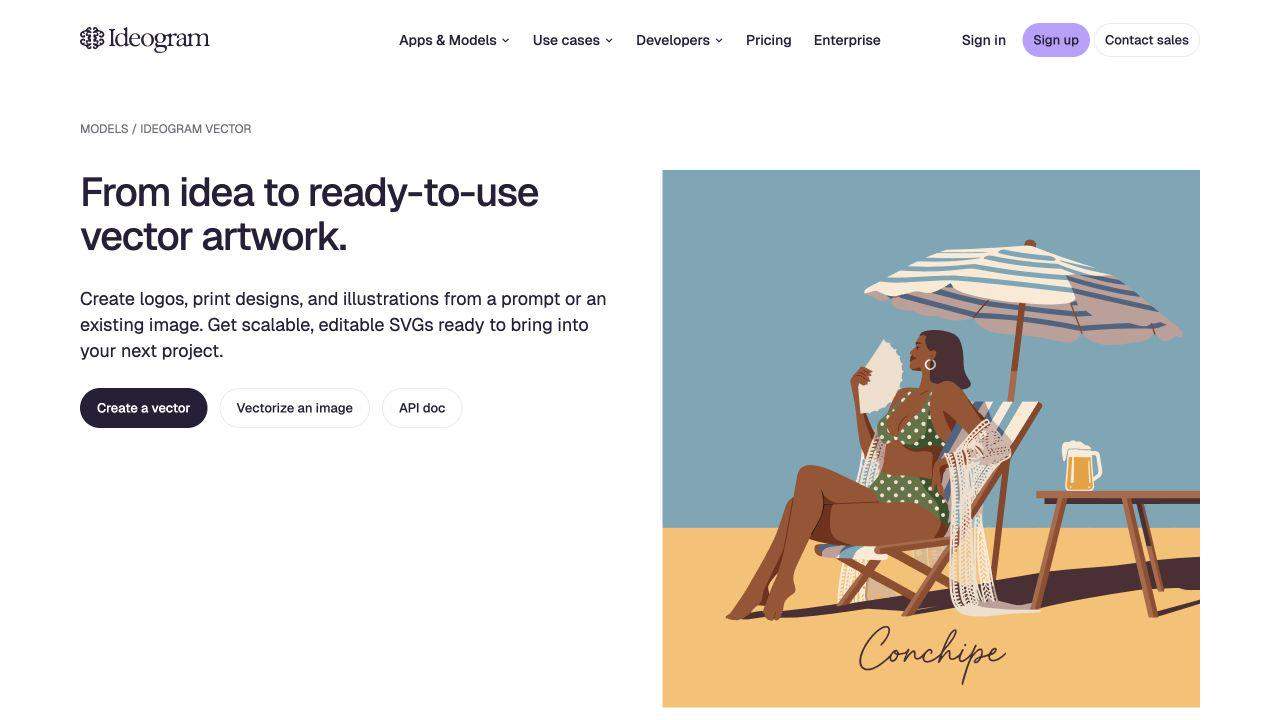 Ideogram Vector page showing Create a vector and Vectorize an image beside a vendor beach illustration