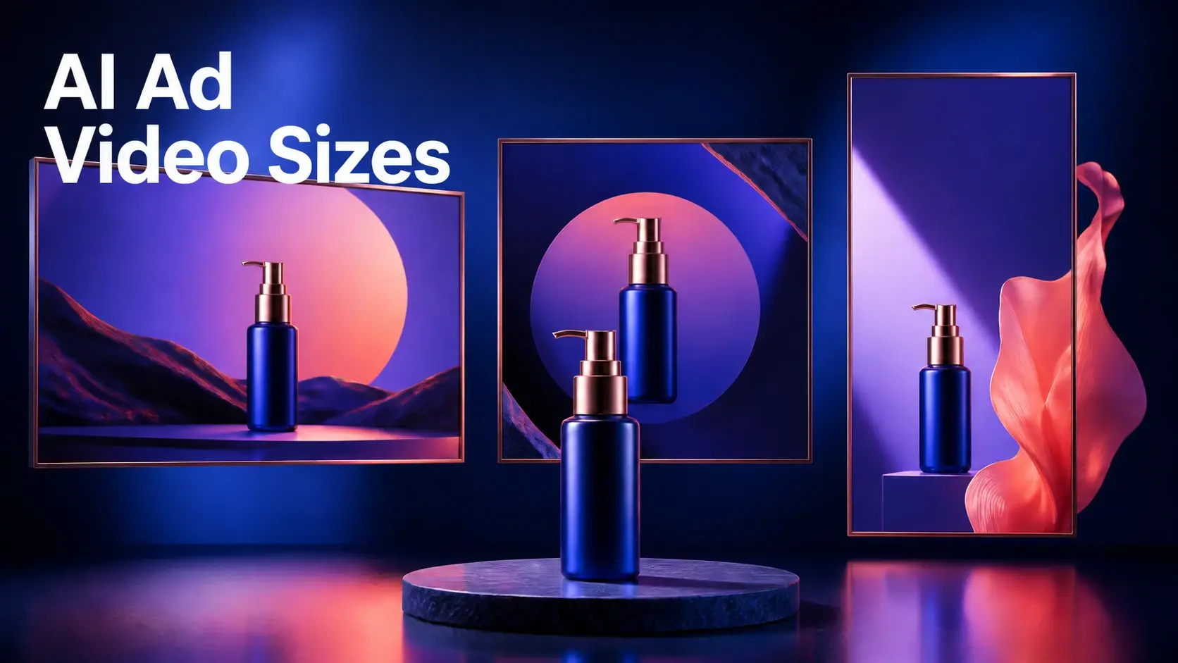 An unbranded product is surrounded by horizontal, square, and vertical ad frames.