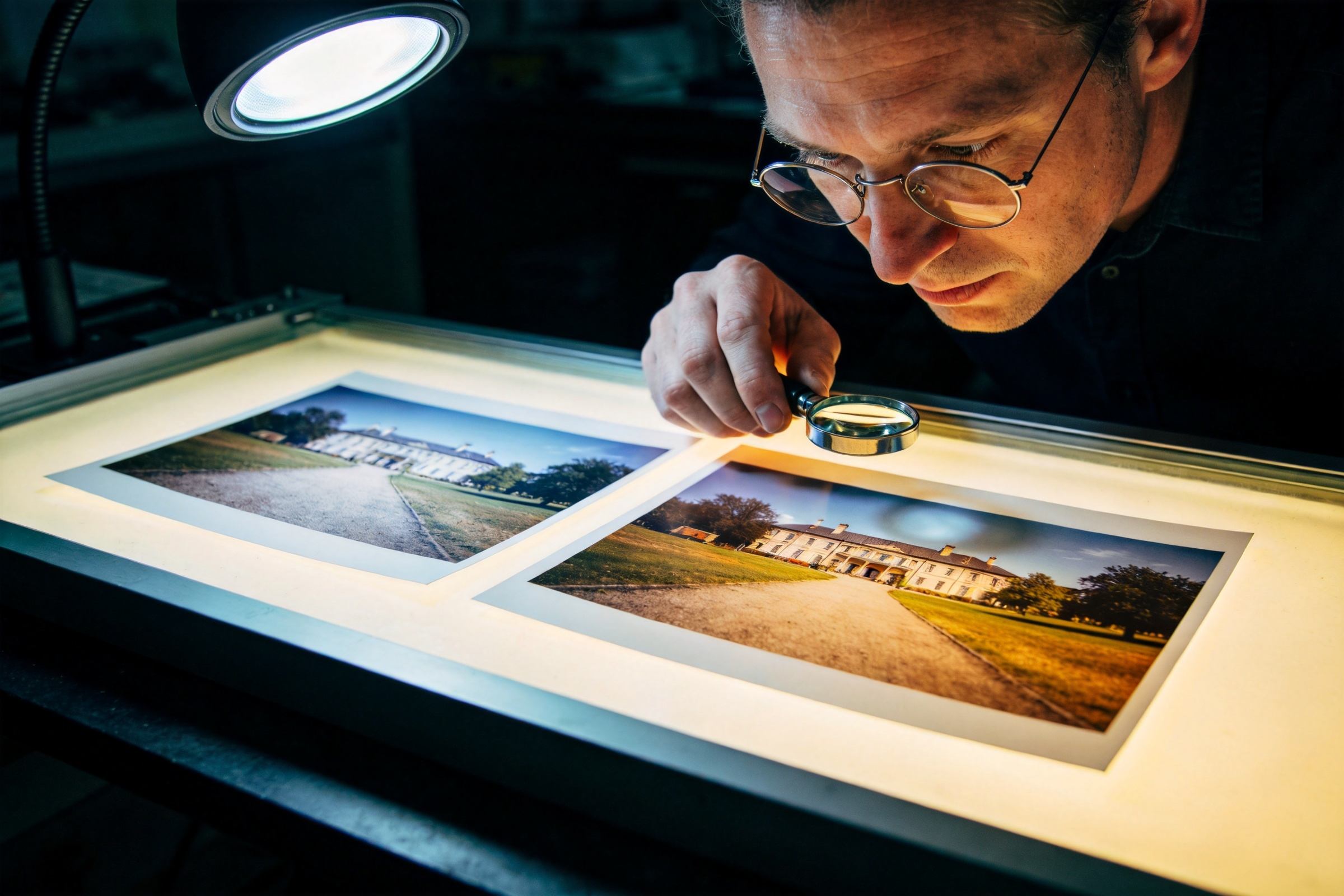 Man using a magnifying glass to inspect two landscape prints on a light table