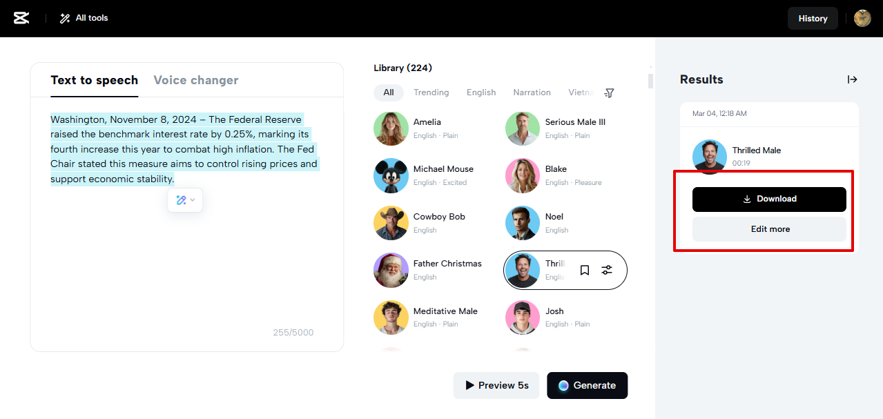 pag-export ng boses mula sa CapCut Web TTS tool