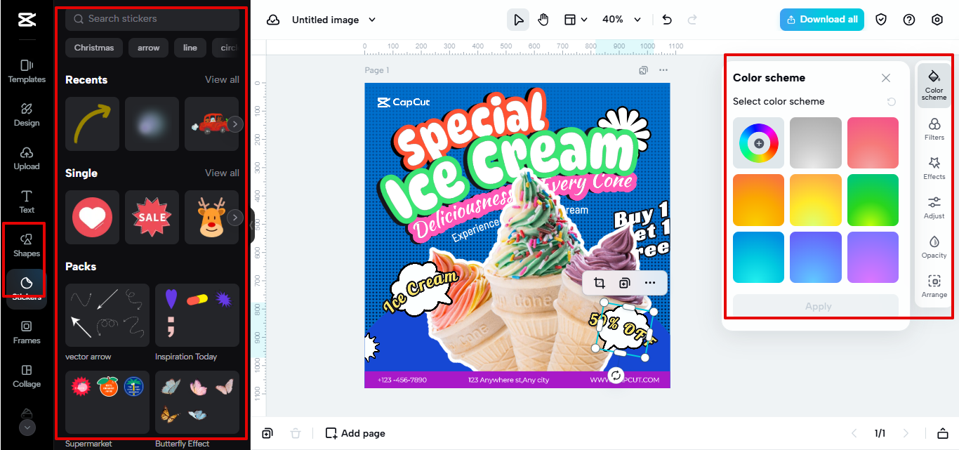 Stickers and shape in CapCut Web