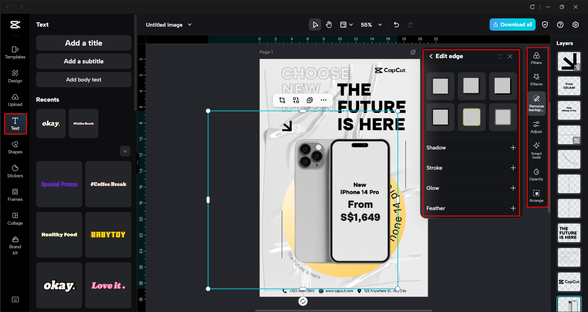 Editing the flyer template in the CapCut desktop video editor