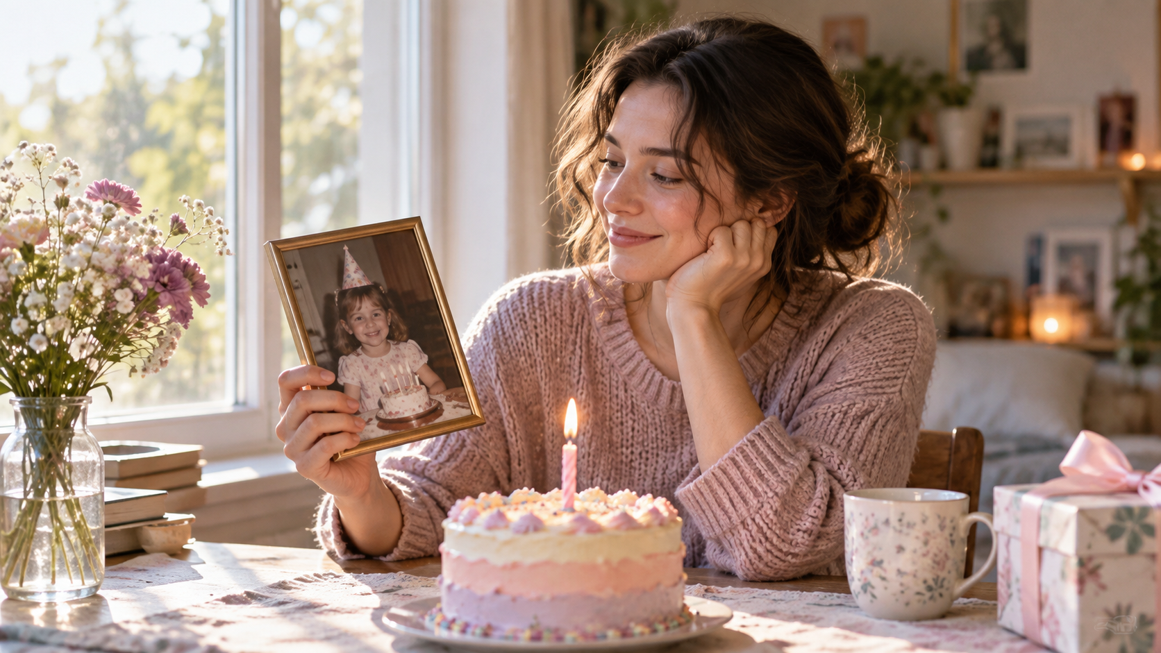 childhood birthday memory AI photo: Then-and-Now Window