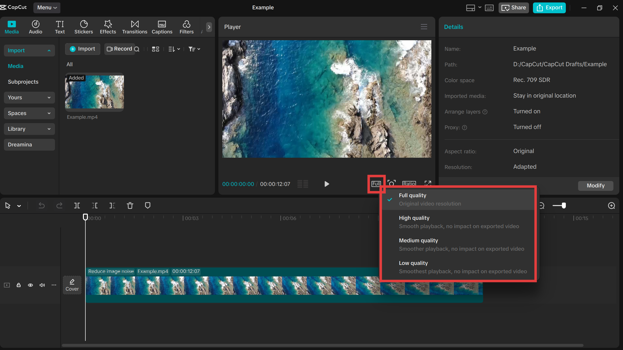 Adjust the video quality in the preview box