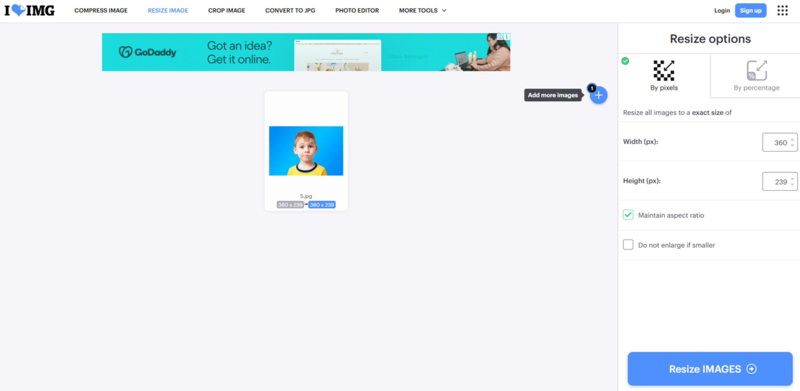 Schnittstelle von iLoveIMG - ein effizienter Editor für die Bildgröße