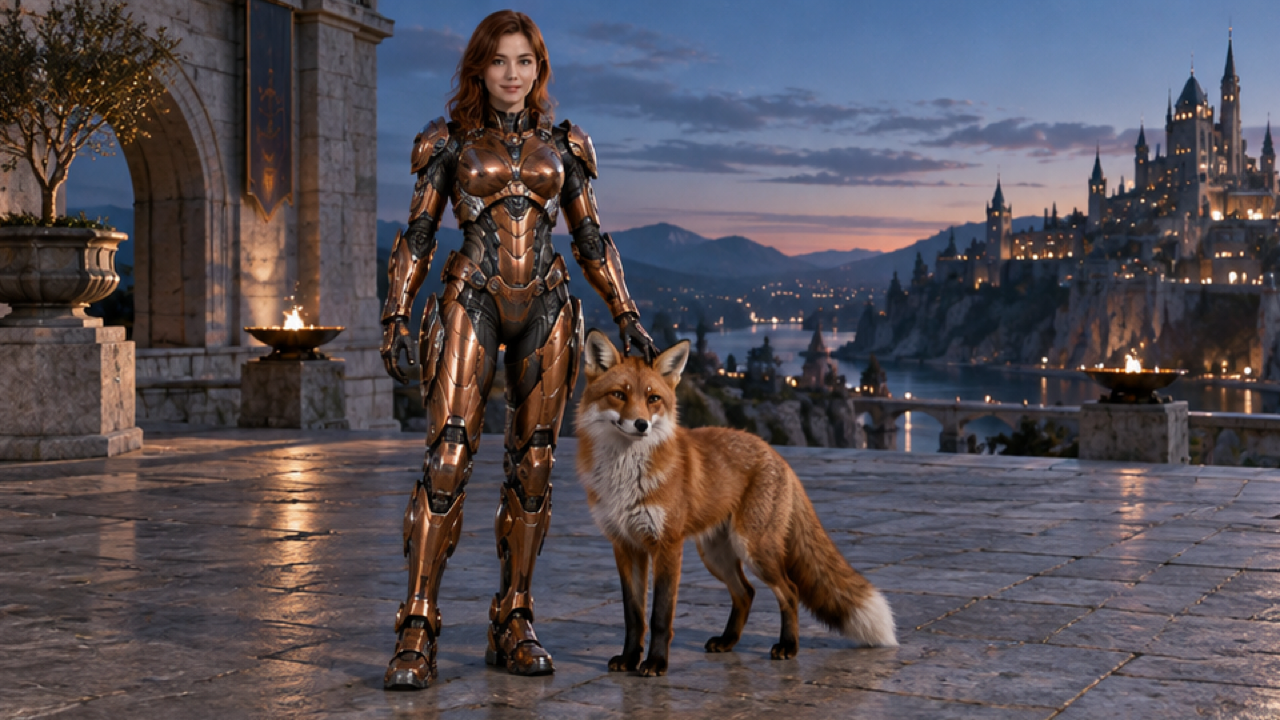 Photorealistic 16:9 cinematic still, original adult woman with fully visible face and head wearing copper graphite mechanical armor with articulated joints, standing beside calm red fox on clean stone plaza at blue dusk, one hand gently resting at fox head, both full bodies inside frame, warm rim light, no weapons text logos watermark.
