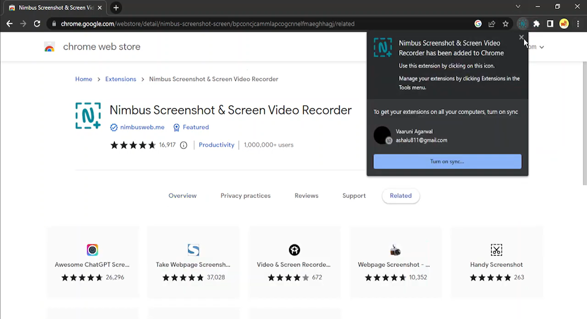 Підтвердження встановлення знімка екрану Nimbus розширення Chrome