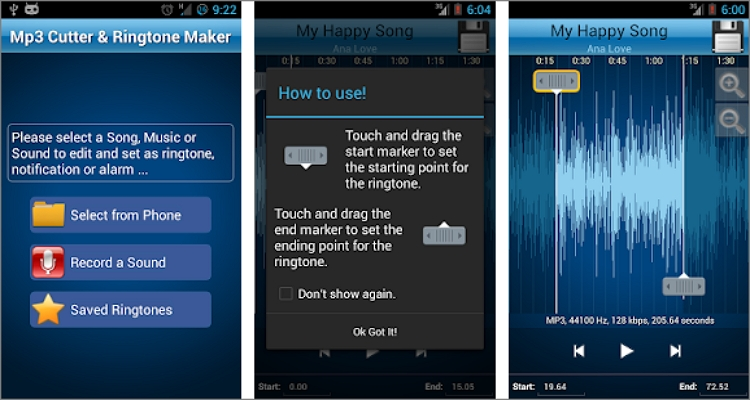 MP3 Cutter on Android showing an audio waveform and handles for choosing the cut range.