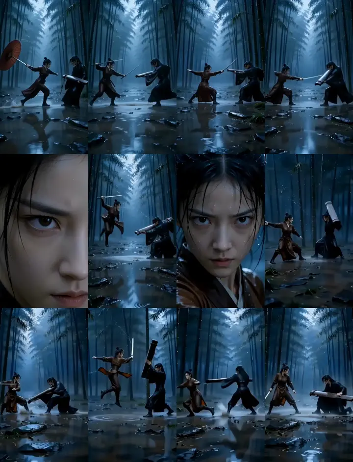 Twelve-frame storyboard showing the full 30-second wuxia fight from distant standoff through final separated pose.