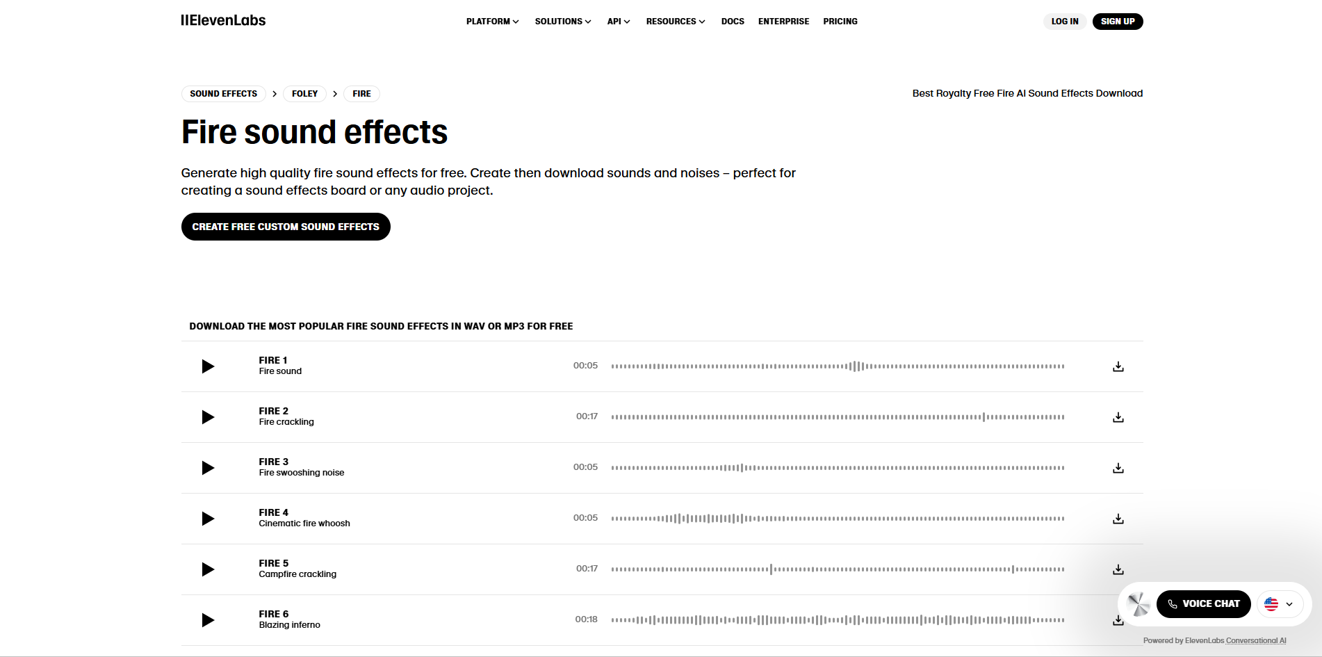 Interfaz de ElevenLabs - otro sitio para el efecto de sonido crepitante de fuego libre