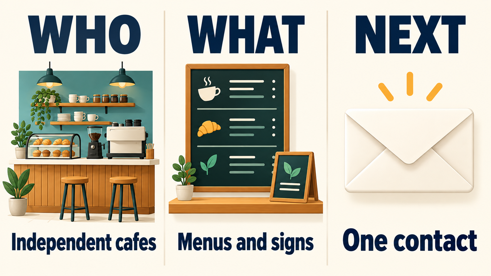 A method diagram connects independent cafes to menus and signs and one contact step