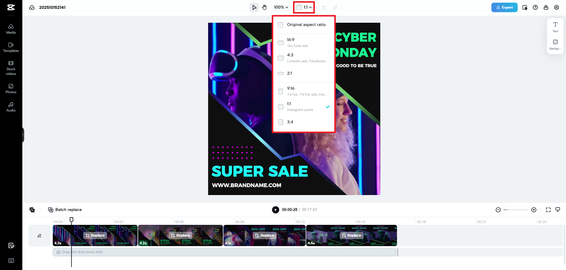 Tukar nisbah aspek templat anda
