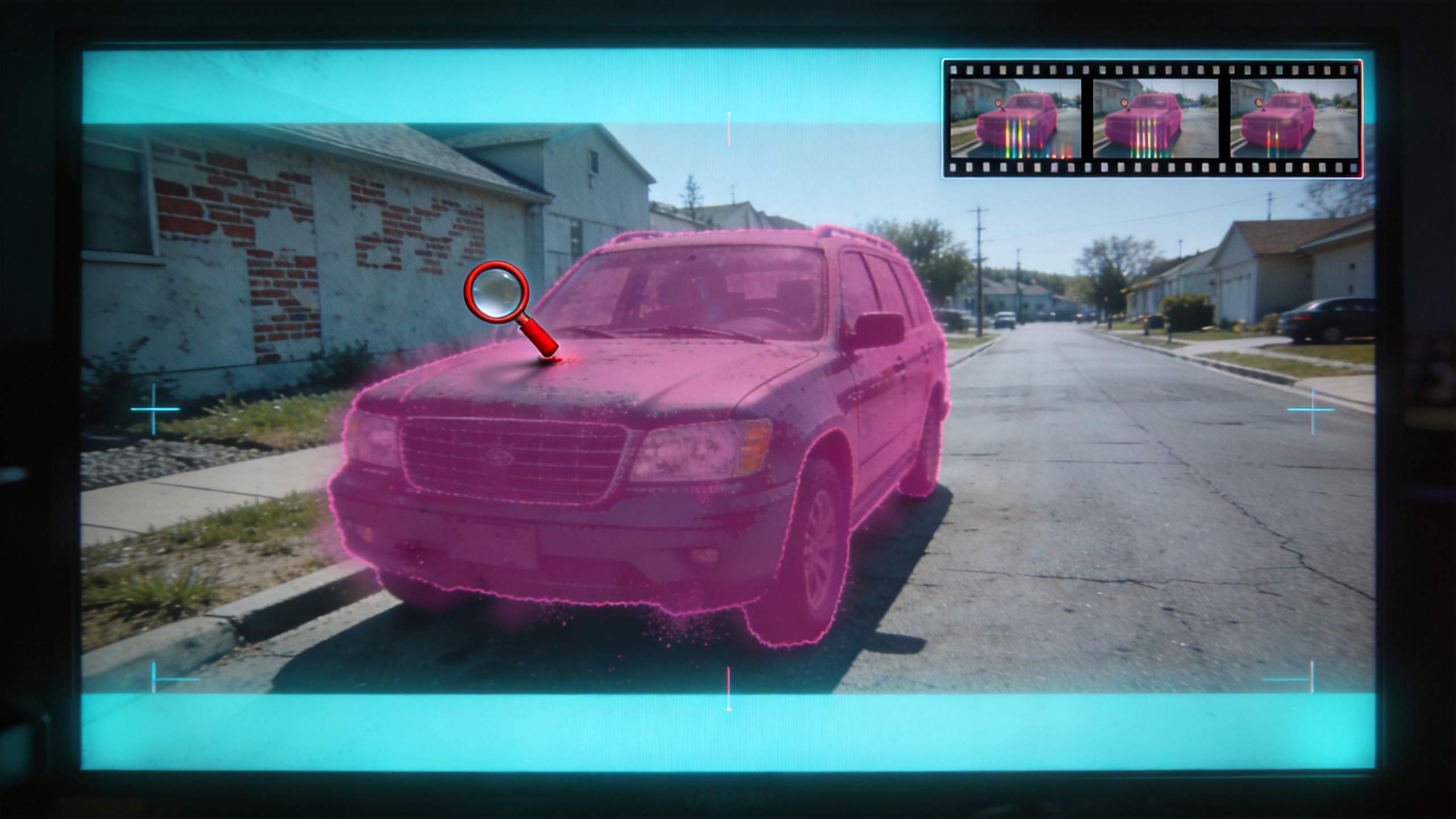 Pink-highlighted SUV selected on a suburban street, with a magnifying glass icon over the hood