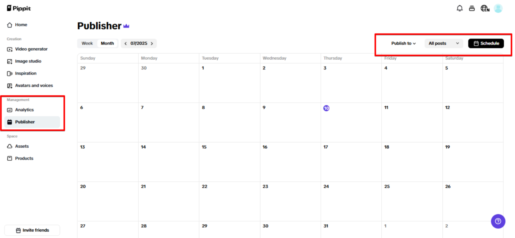 Social media calendar in Pippit